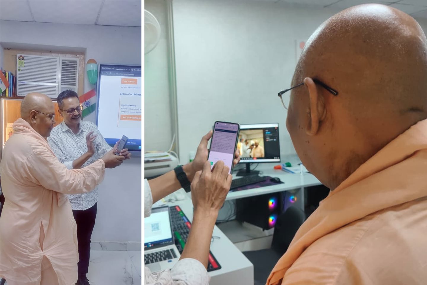 Two photographs side by side. Swami Atmajnanananda ji Maharaj holds a phone in front of the teaching screen, which shows the WhatsApp section of the new portal. Beside it, a closer view of a first AI Shakti lesson open on the phone.
