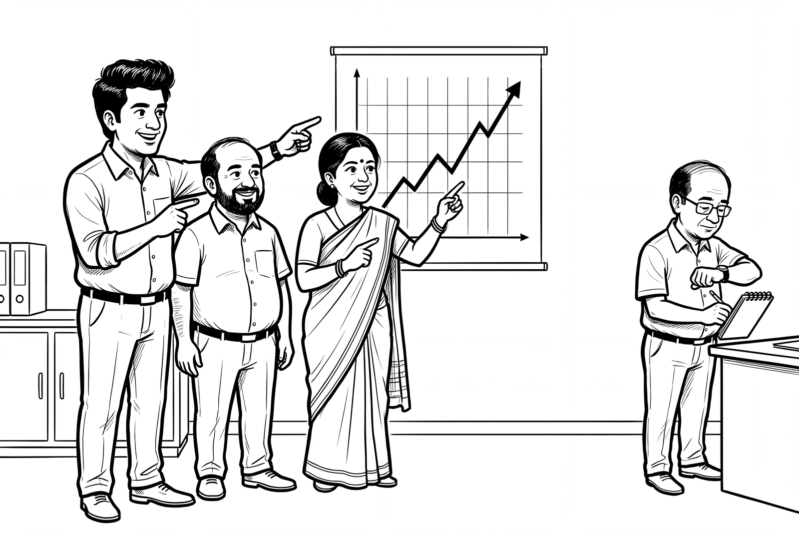 Line drawing of an office. Three colleagues, a young man, a bearded older man and a woman in a saree, stand together pointing at a wall chart with a steeply rising line. At the right, an older man at his own desk checks his wristwatch and writes in a small notebook. Nobody is looking at him.