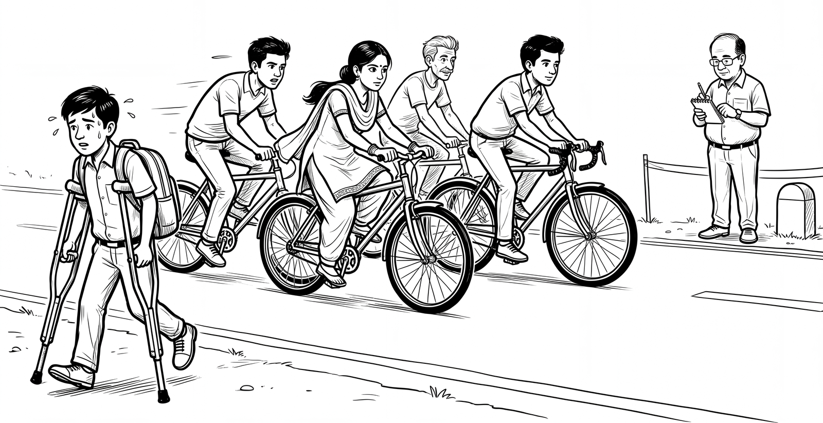 A black ink cartoon of a country road. At the left, a sweating schoolboy with a school bag walks on a pair of crutches, trailing the race. Four cyclists of different ages, one of them a woman in a salwar kameez, pedal ahead of him towards a finishing ribbon, where a man in spectacles stands writing in a small notebook.