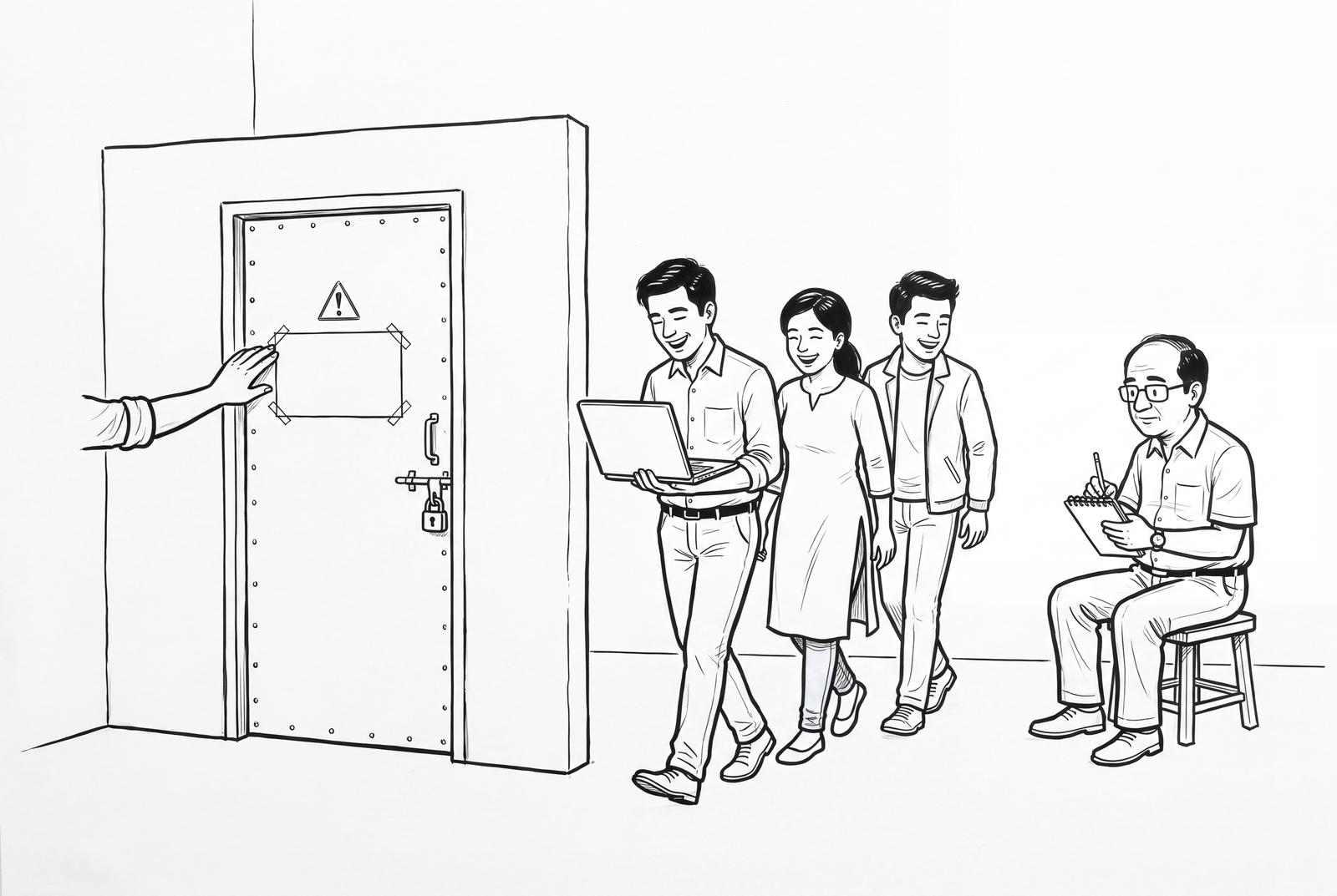 A freestanding slab of wall stands in an empty room with a single riveted steel door set into it, shut and padlocked, a hazard triangle above and a blank placard taped across the middle. A hand reaches in and presses the placard flat. Three young researchers walk round the open end of the wall, one of them carrying a laptop, while at the right an older bespectacled man sits on a stool and writes in a small notebook.