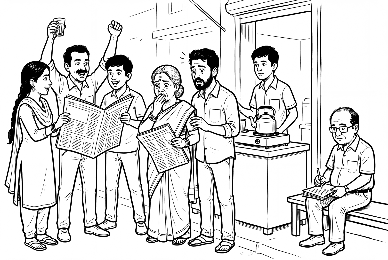 A black ink cartoon of a roadside tea stall. On the left, three people cheer over an open newspaper, one man raising a glass of tea and a fist, while beside them an elderly woman in a sari covers her mouth in alarm and a bearded man frowns in worry, as a young tea seller watches from behind his kettle. At the far right, a bespectacled man of about fifty sits alone on a bench with a stack of papers on his knee, writing in a small spiral notebook, and nobody looks his way.