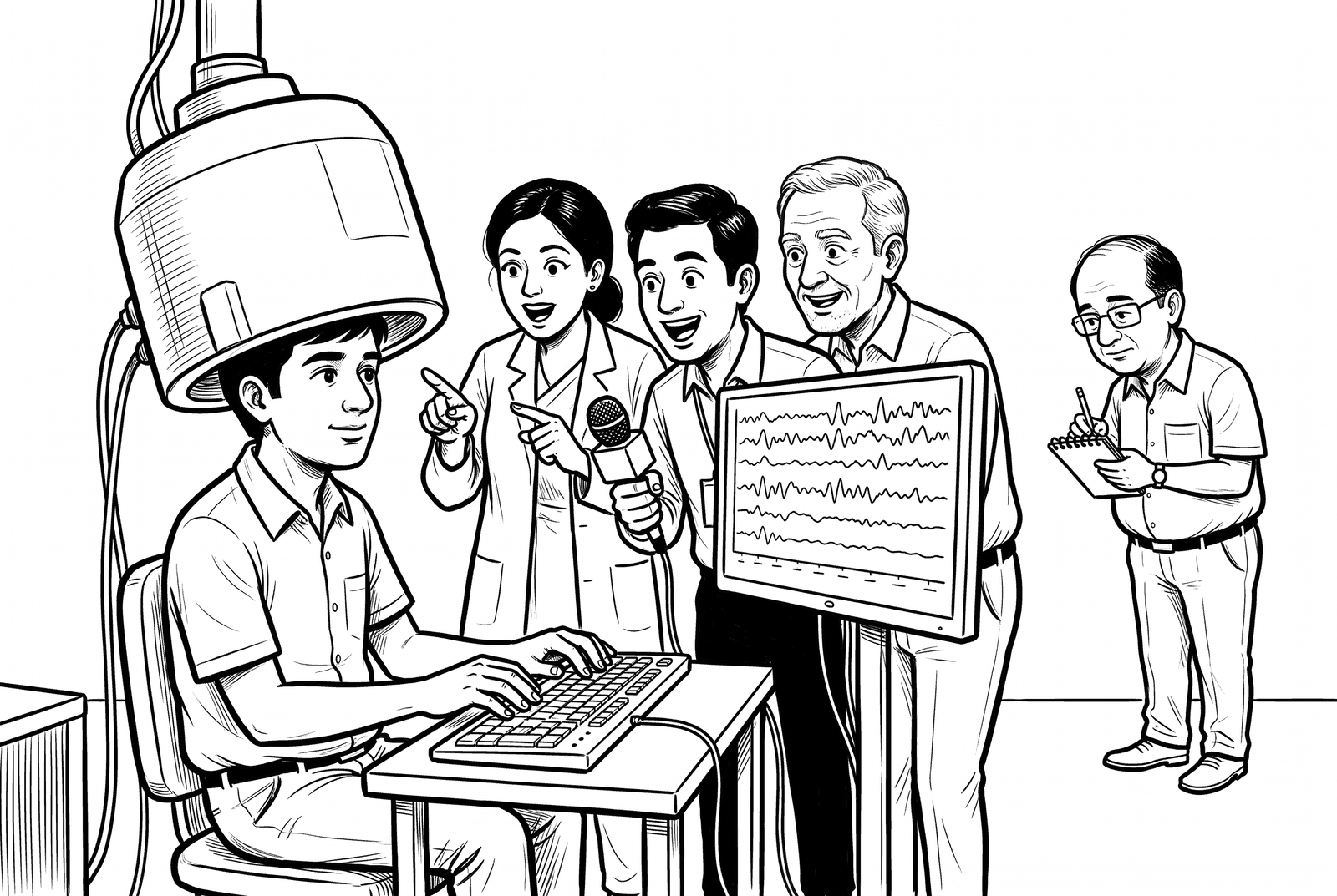 A black ink cartoon of a brain research laboratory. A young man sits under a large bucket-shaped scanner hanging from the ceiling, typing on a keyboard. Beside a monitor showing wavy brain-signal lines, three excited onlookers, a woman in a lab coat, a young man holding a microphone and an older grey-haired man, point and gasp. At the far right, a man in spectacles stands apart, writing in a small notebook.