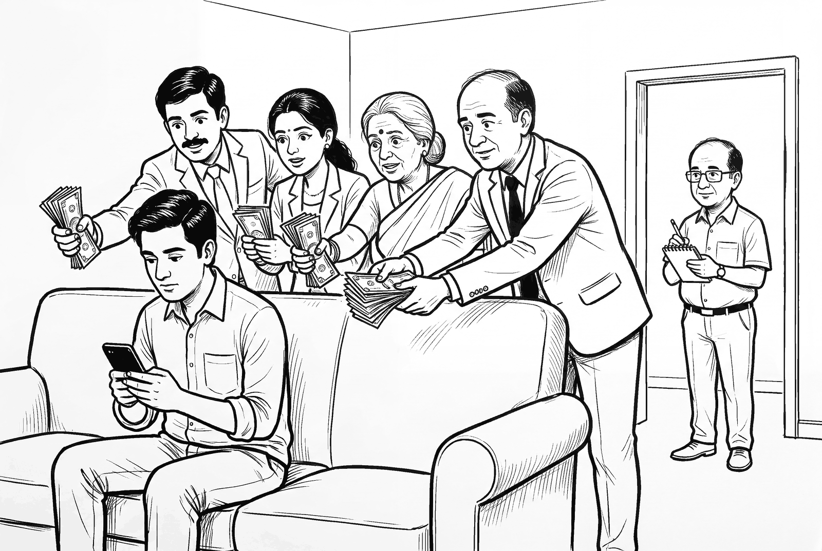 Line drawing of a living room. A young man sits on a sofa looking at his phone, absorbed. Four people in business clothes crowd behind the sofa, leaning over it and holding out fistfuls of banknotes towards him. At the right, an older man near the doorway watches them and writes in a small notebook. Nobody is looking at him.